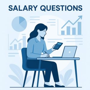 Illustration of a woman asking salary questions on a digital platform”