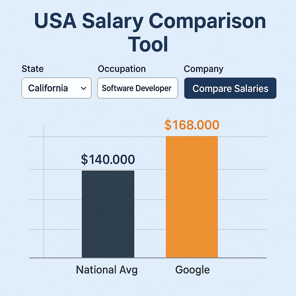 USA Salary Comparison chart showing national average and company-specific salaries by state.